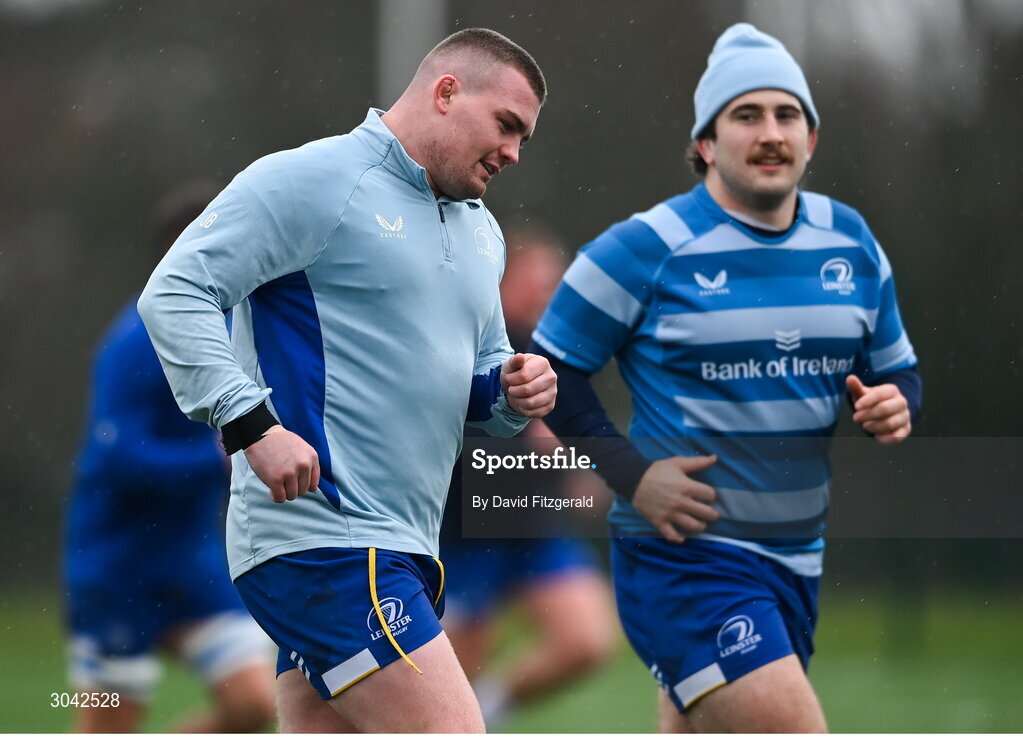 10 February 2025; Jack Boyle, left, and John McKee during Leinster Rugby squad training at UCD in Dublin. Photo by David Fitzgerald/Sportsfile