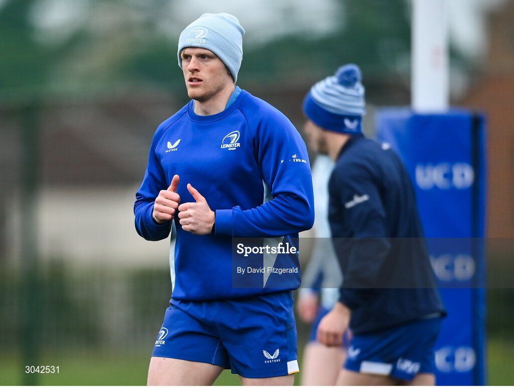 10 February 2025; Tommy O'Brien during Leinster Rugby squad training at UCD in Dublin. Photo by David Fitzgerald/Sportsfile