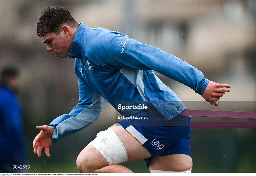10 February 2025; Diarmuid Mangan during Leinster Rugby squad training at UCD in Dublin. Photo by David Fitzgerald/Sportsfile