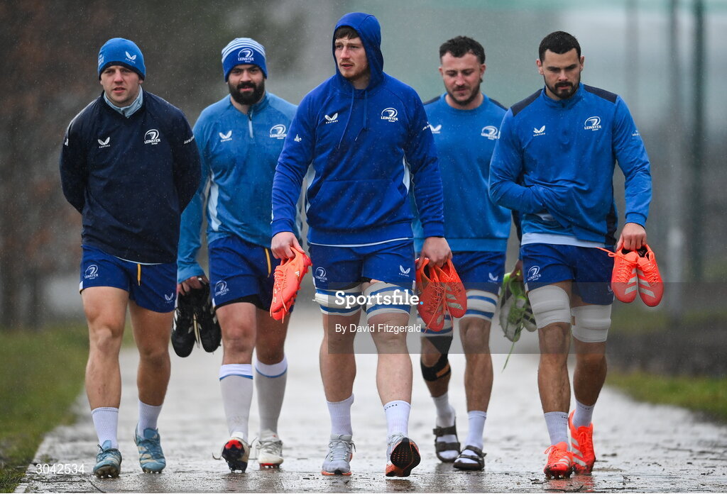 10 February 2025; Arriving, from left, are Lee Barron, Rory McGuire, Joe McCarthy, Will Connors and Max Deegan to Leinster Rugby squad training at UCD in Dublin. Photo by David Fitzgerald/Sportsfile