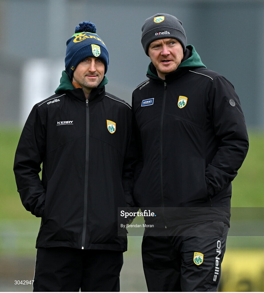 9 February 2025; Kerry manager John Griffin, left, and selector Sean Maunsell before the Allianz Hurling League Division 2 match between Kerry and Derry at Austin Stack Park in Tralee, Kerry. Photo by Brendan Moran/Sportsfile
