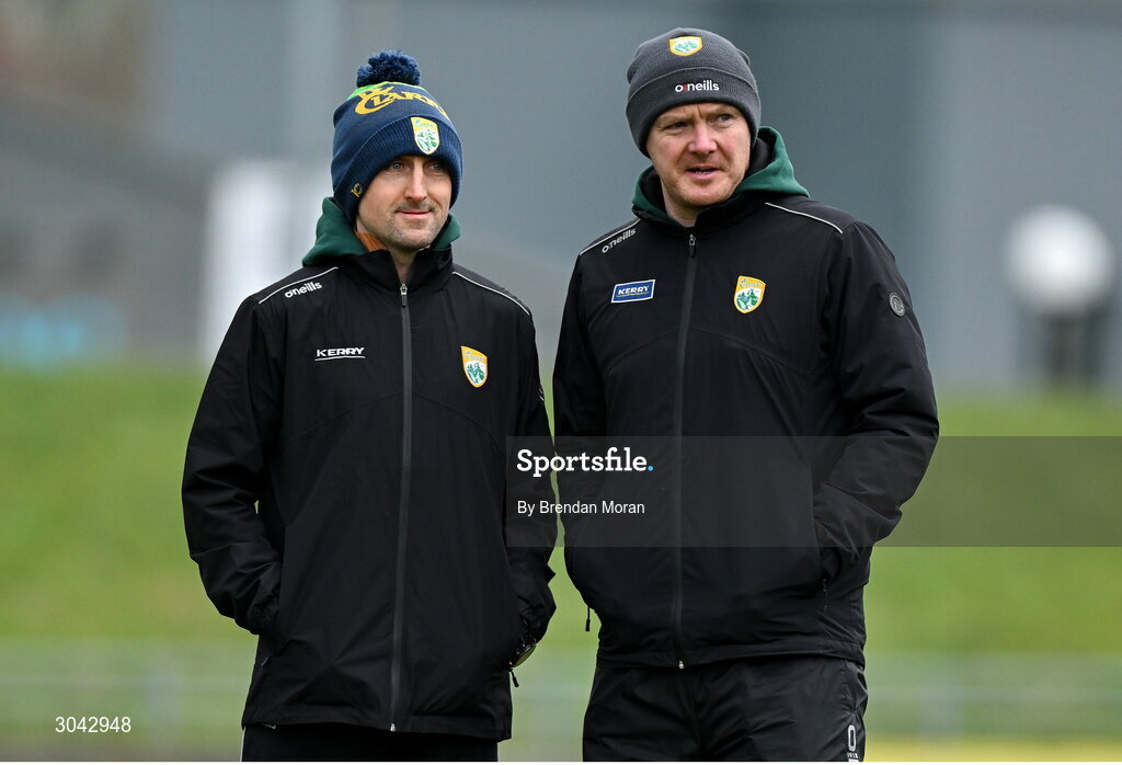 9 February 2025; Kerry manager John Griffin, left, and selector Sean Maunsell before the Allianz Hurling League Division 2 match between Kerry and Derry at Austin Stack Park in Tralee, Kerry. Photo by Brendan Moran/Sportsfile