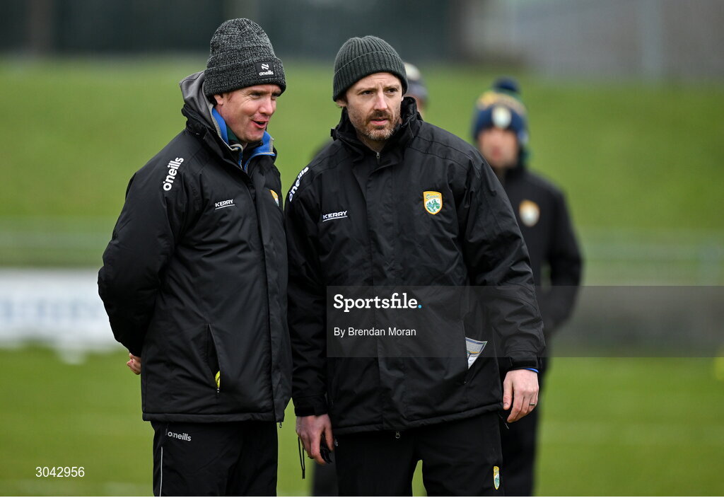 9 February 2025; Kerry selectors Ger Downes, left, and Paudie O'Brien before the Allianz Hurling League Division 2 match between Kerry and Derry at Austin Stack Park in Tralee, Kerry. Photo by Brendan Moran/Sportsfile