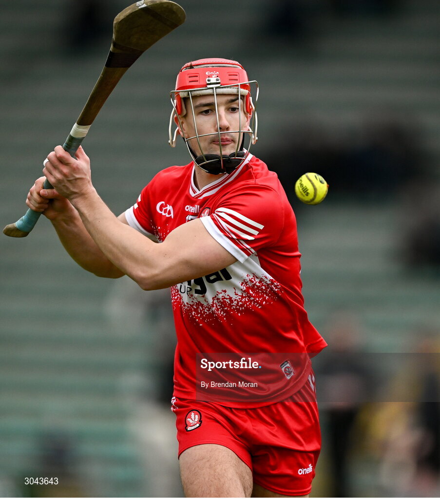 9 February 2025; John Mullan of Derry during the Allianz Hurling League Division 2 match between Kerry and Derry at Austin Stack Park in Tralee, Kerry. Photo by Brendan Moran/Sportsfile