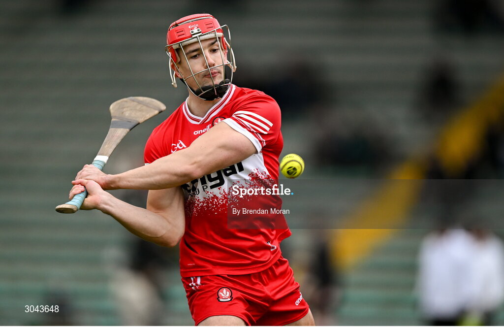 9 February 2025; John Mullan of Derry during the Allianz Hurling League Division 2 match between Kerry and Derry at Austin Stack Park in Tralee, Kerry. Photo by Brendan Moran/Sportsfile
