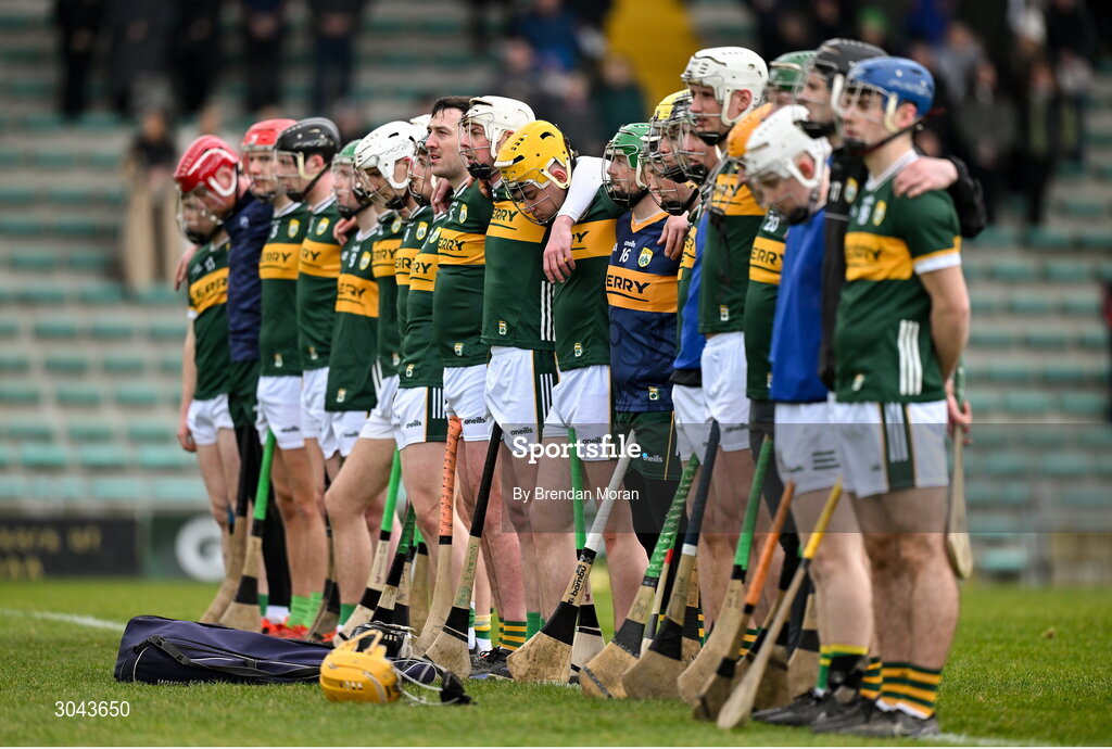9 February 2025; The Kerry team stand for Amhrán na bhFiann before the Allianz Hurling League Division 2 match between Kerry and Derry at Austin Stack Park in Tralee, Kerry.Amhrán na bhFiann Photo by Brendan Moran/Sportsfile