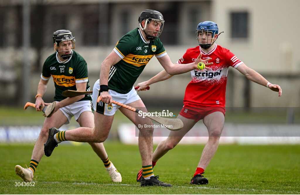 9 February 2025; Thomas Casey of Kerry in action against Conor Coyle of Derry during the Allianz Hurling League Division 2 match between Kerry and Derry at Austin Stack Park in Tralee, Kerry. Photo by Brendan Moran/Sportsfile