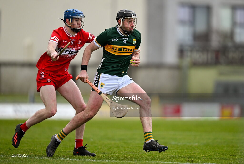 9 February 2025; Thomas Casey of Kerry in action against Conor Coyle of Derry during the Allianz Hurling League Division 2 match between Kerry and Derry at Austin Stack Park in Tralee, Kerry. Photo by Brendan Moran/Sportsfile
