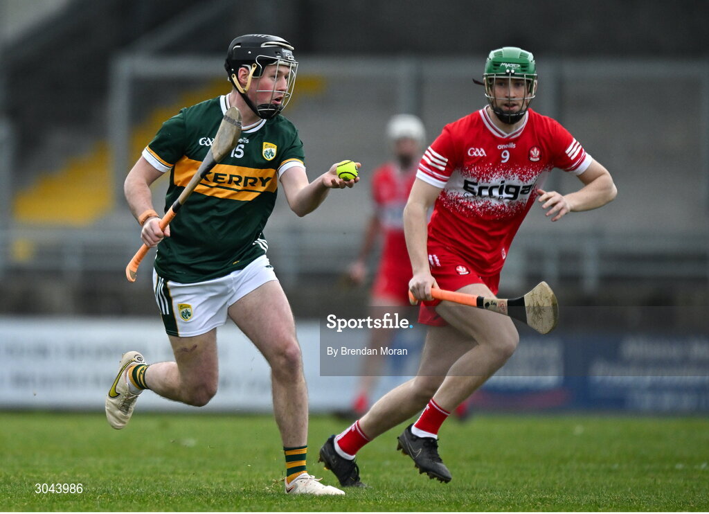 9 February 2025; Shane Conway of Kerry in action against Ryan McGill of Derry during the Allianz Hurling League Division 2 match between Kerry and Derry at Austin Stack Park in Tralee, Kerry. Photo by Brendan Moran/Sportsfile