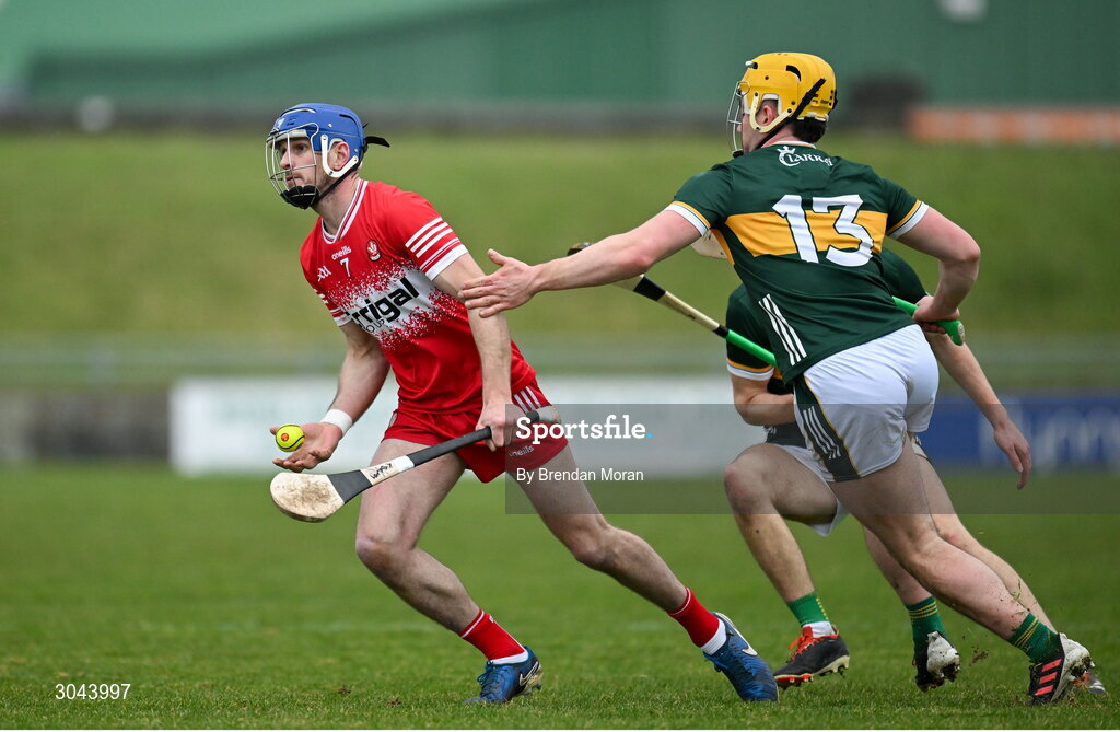 9 February 2025; Thomas Brady of Derry in action against Oisín Maunsell of Kerry during the Allianz Hurling League Division 2 match between Kerry and Derry at Austin Stack Park in Tralee, Kerry. Photo by Brendan Moran/Sportsfile