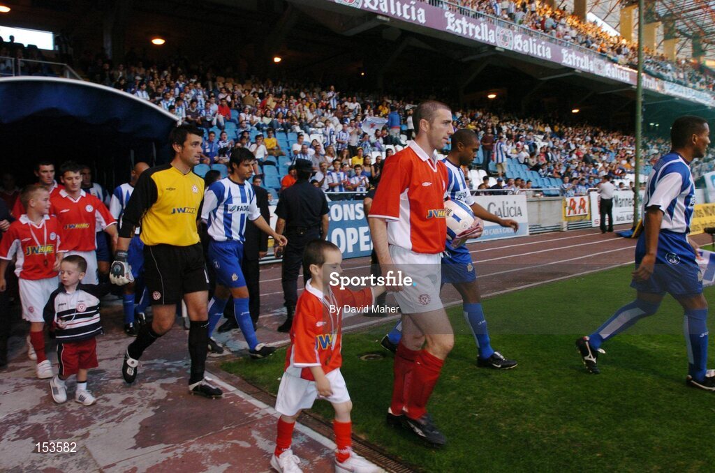 24 August 2004; Owen Heary, Shelbourne, leads his team out for the start of the game. UEFA Champions League, 3rd Round Second Leg Qualifier, Deportivo La Coruna v Shelbourne, Riazor stadium. La Coruna, Spain. Picture credit; David Maher / SPORTSFILE