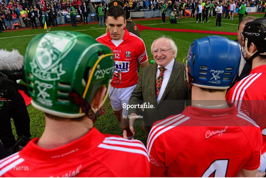 28 September 2013; Cork captain Patrick Cronin introduces President of Ireland Michael D. Higgins to his team before the game. GAA Hurling All-Ireland Senior Championship Final Replay, Cork v Clare, Croke Park, Dublin. Photo by Sportsfile
