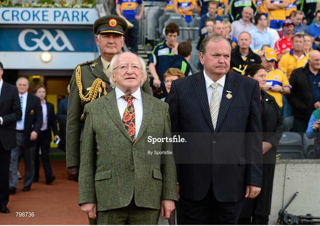 28 September 2013; President of Ireland Michael D. Higgins and Uachtarán Chumann Lúthchleas Gael Liam Ó Néill before the game. GAA Hurling All-Ireland Senior Championship Final Replay, Cork v Clare, Croke Park, Dublin. Photo by Sportsfile