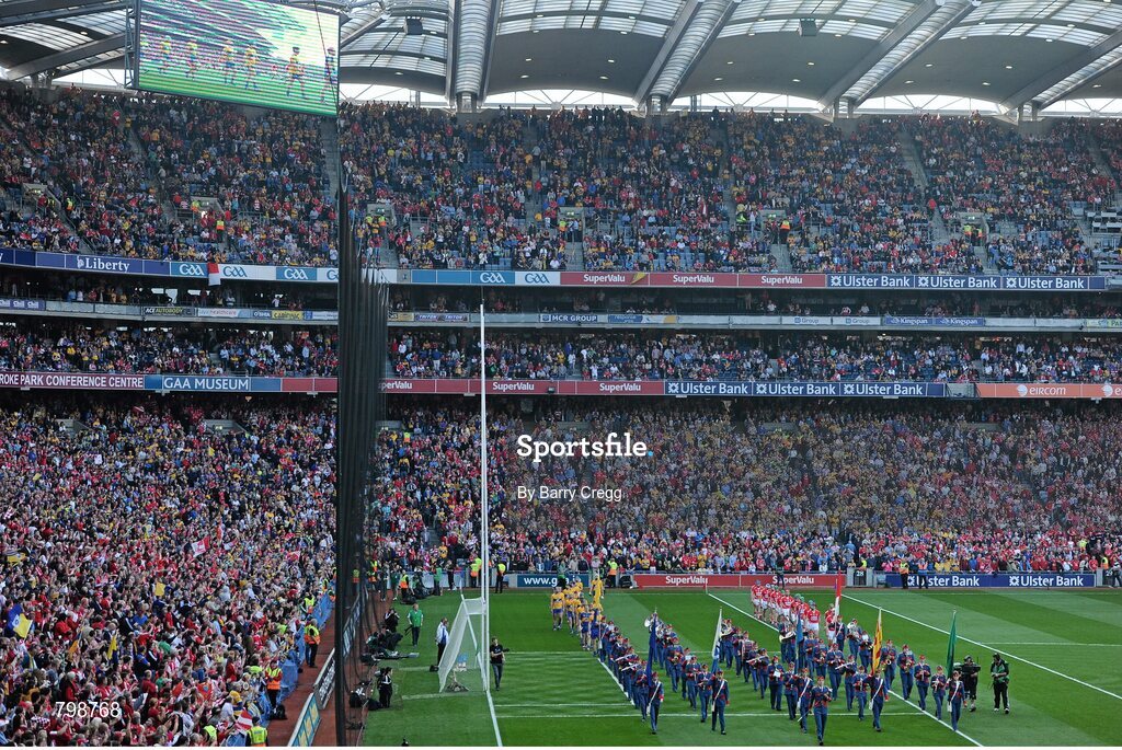 28 September 2013; A general view of the teams following the Artane School of Music Band during the parade ahead of the game. GAA Hurling All-Ireland Senior Championship Final Replay, Cork v Clare, Croke Park, Dublin. Picture credit: Barry Cregg / SPORTSFILE