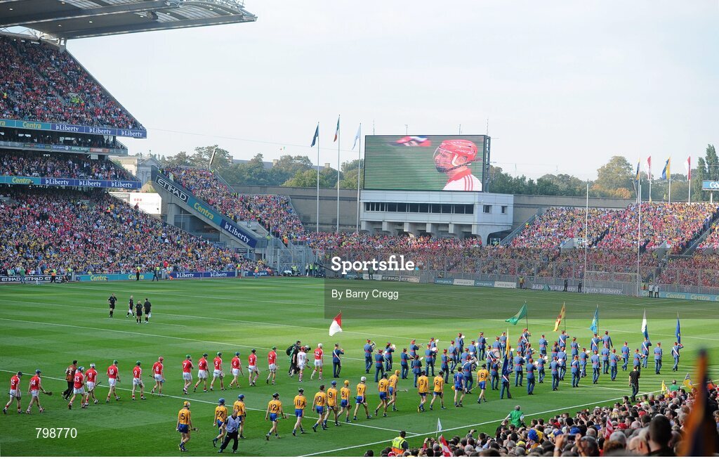 28 September 2013; A general view of the teams following the Artane School of Music Band during the parade ahead of the game. GAA Hurling All-Ireland Senior Championship Final Replay, Cork v Clare, Croke Park, Dublin. Picture credit: Barry Cregg / SPORTSFILE