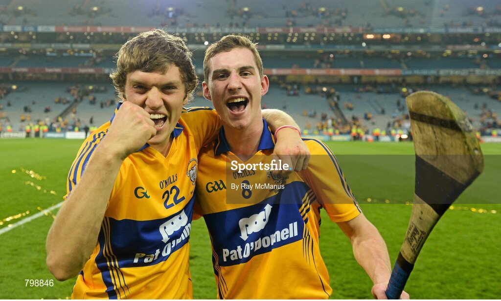 28 September 2013; Clare's Shane O'Donnell, who scored three goals in the first half, and team-mate Colm Galvin, right, celebrate after the game. GAA Hurling All-Ireland Senior Championship Final Replay, Cork v Clare, Croke Park, Dublin. Picture credit: Ray McManus / SPORTSFILE