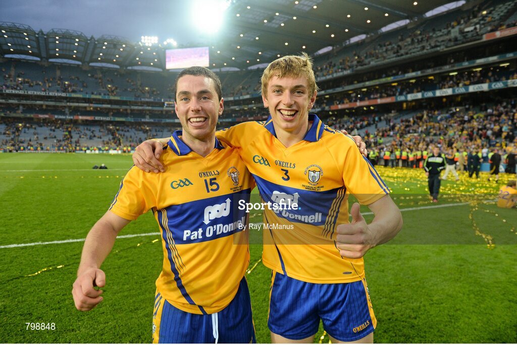 28 September 2013; Clare's Conor McGrath, left, and David McInerney celebrate after the game. GAA Hurling All-Ireland Senior Championship Final Replay, Cork v Clare, Croke Park, Dublin. Picture credit: Ray McManus / SPORTSFILE