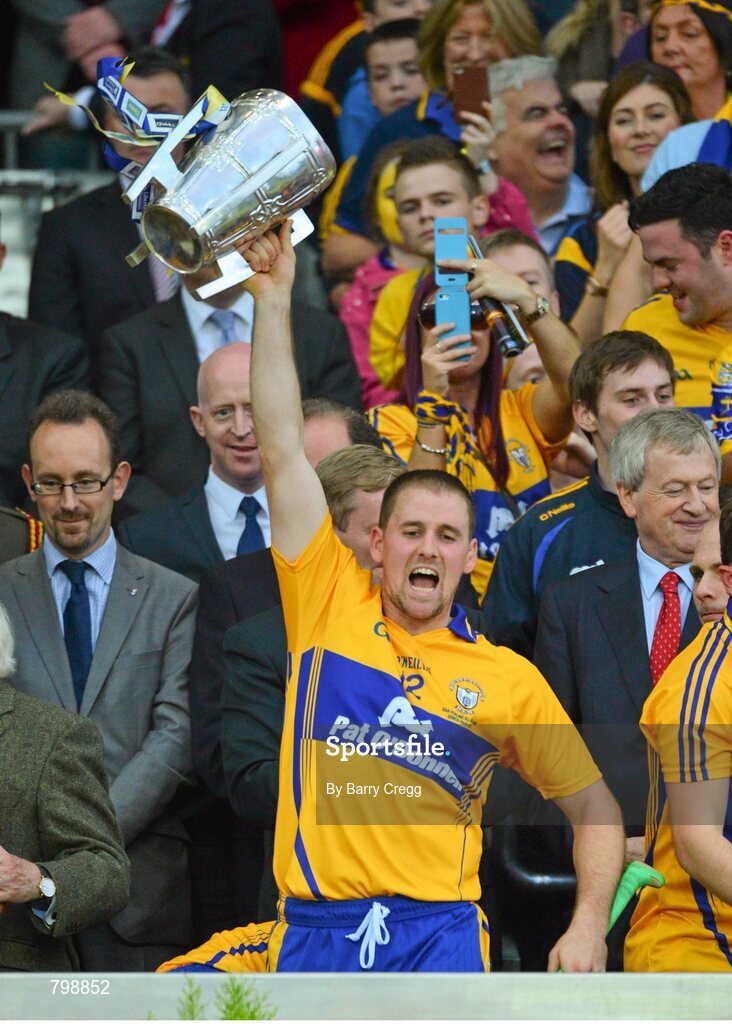 28 September 2013; Colin Ryan, Clare, lifts the Liam MacCarthy cup after the game. GAA Hurling All-Ireland Senior Championship Final Replay, Cork v Clare, Croke Park, Dublin. Picture credit: Barry Cregg / SPORTSFILE