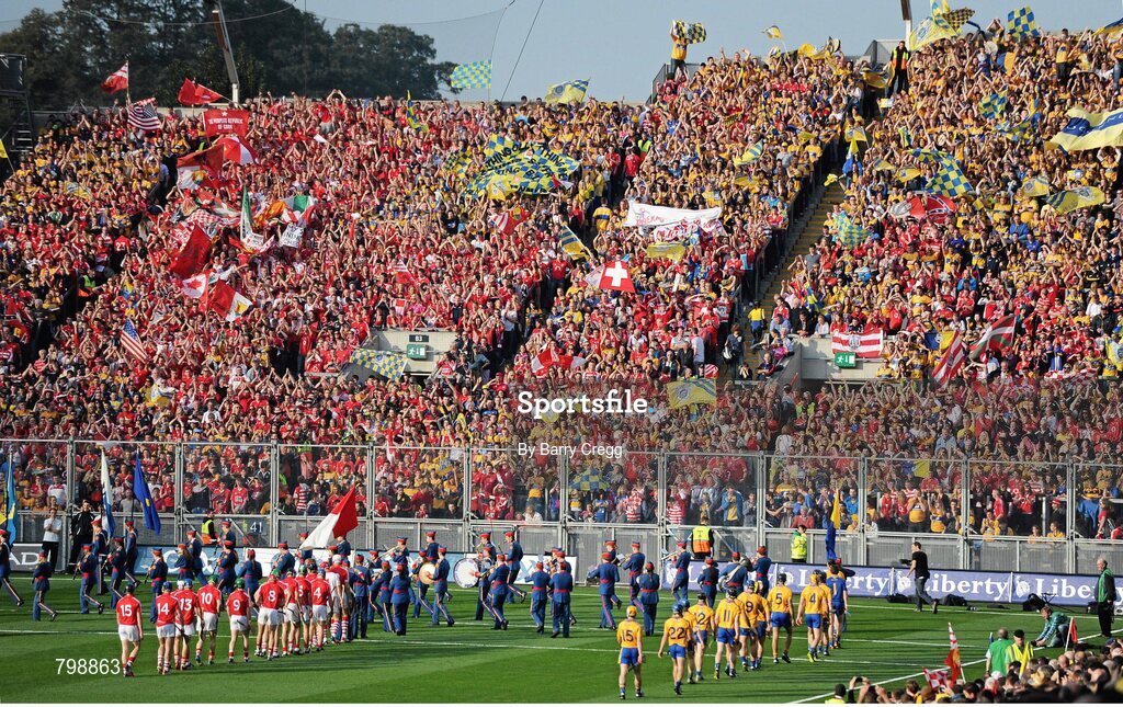 28 September 2013; A general view of the teams following the Artane School of Music Band during the pre-match parade. GAA Hurling All-Ireland Senior Championship Final Replay, Cork v Clare, Croke Park, Dublin. Picture credit: Barry Cregg / SPORTSFILE