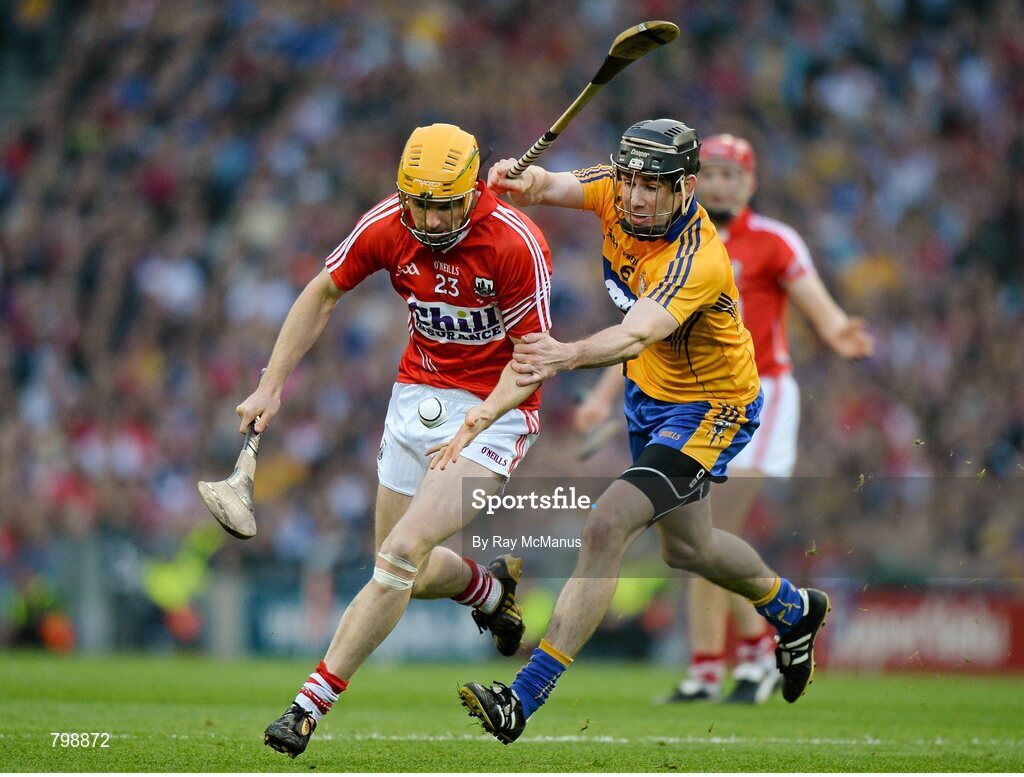 28 September 2013; Cathal Naughton, Cork, in action against Patrick Donnellan, Clare. GAA Hurling All-Ireland Senior Championship Final Replay, Cork v Clare, Croke Park, Dublin. Picture credit: Ray McManus / SPORTSFILE