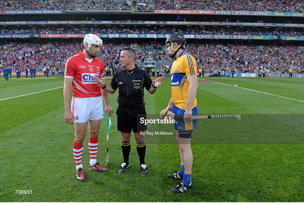 28 September 2013; Match referee James McGrath speaks to Cork's Patrick Cronin, left, and Patrick Donnellan, Clare, right, before the game. GAA Hurling All-Ireland Senior Championship Final Replay, Cork v Clare, Croke Park, Dublin. Picture credit: Ray McManus / SPORTSFILE
