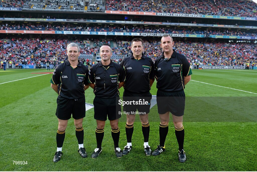 28 September 2013; Referee James McGrath, second from left, with his officials, from left, Johnny Ryan, Brian Gavin and Alan Kelly before the game. GAA Hurling All-Ireland Senior Championship Final Replay, Cork v Clare, Croke Park, Dublin. Picture credit: Ray McManus / SPORTSFILE