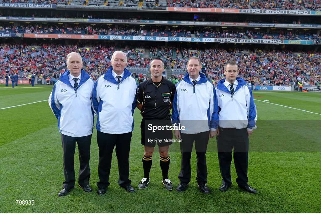28 September 2013; Referee James McGrath with his umpires before the game. GAA Hurling All-Ireland Senior Championship Final Replay, Cork v Clare, Croke Park, Dublin. Picture credit: Ray McManus / SPORTSFILE