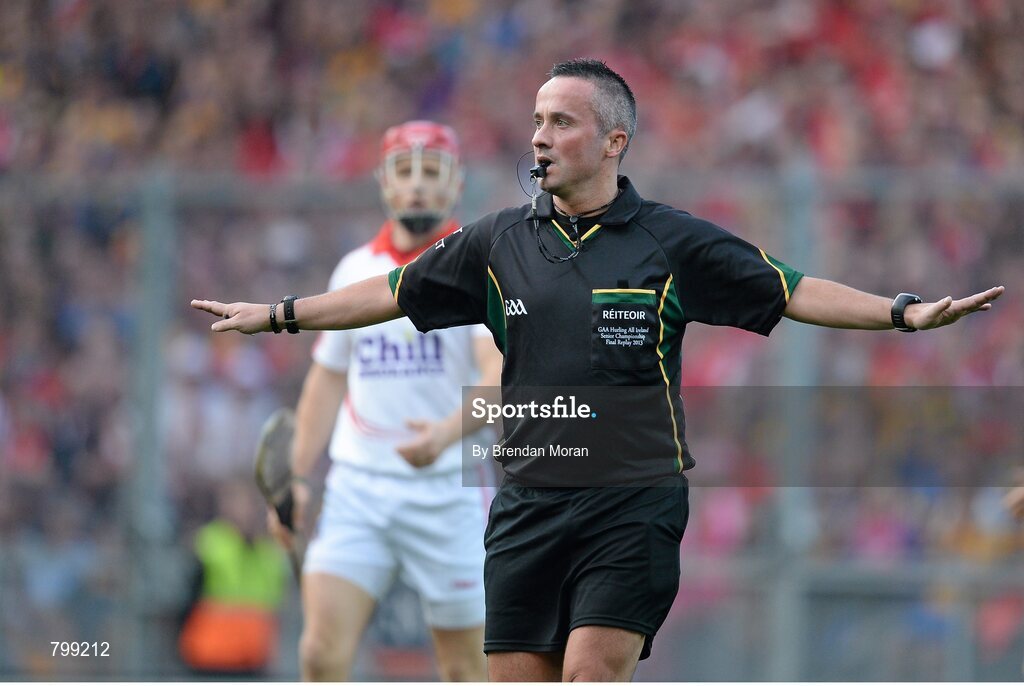 28 September 2013; Referee James McGrath blows the half-time whistle. GAA Hurling All-Ireland Senior Championship Final Replay, Cork v Clare, Croke Park, Dublin. Picture credit: Brendan Moran / SPORTSFILE