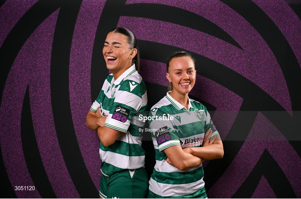 15 February 2025; Maria Reynolds, left, and Joy Ralph during a Shamrock Rovers squad portraits session at Tallaght Stadium in Dublin. Photo by Stephen McCarthy/Sportsfile
