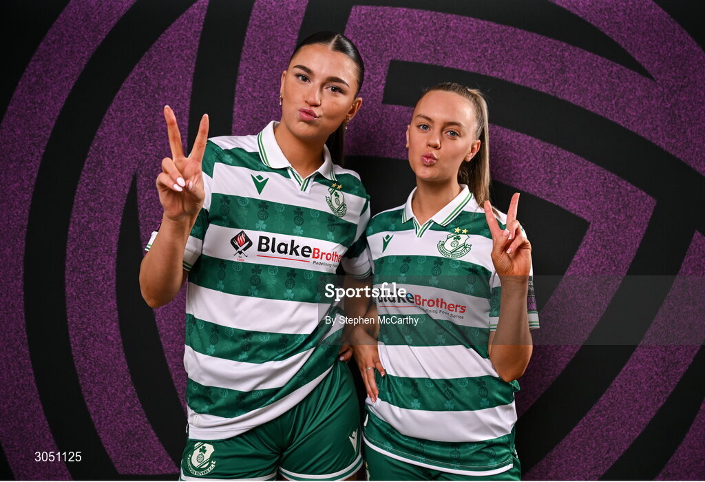 15 February 2025; Maria Reynolds, left, and Joy Ralph during a Shamrock Rovers squad portraits session at Tallaght Stadium in Dublin. Photo by Stephen McCarthy/Sportsfile