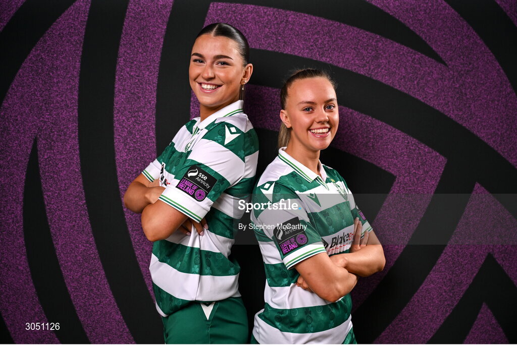 15 February 2025; Maria Reynolds, left, and Joy Ralph during a Shamrock Rovers squad portraits session at Tallaght Stadium in Dublin. Photo by Stephen McCarthy/Sportsfile