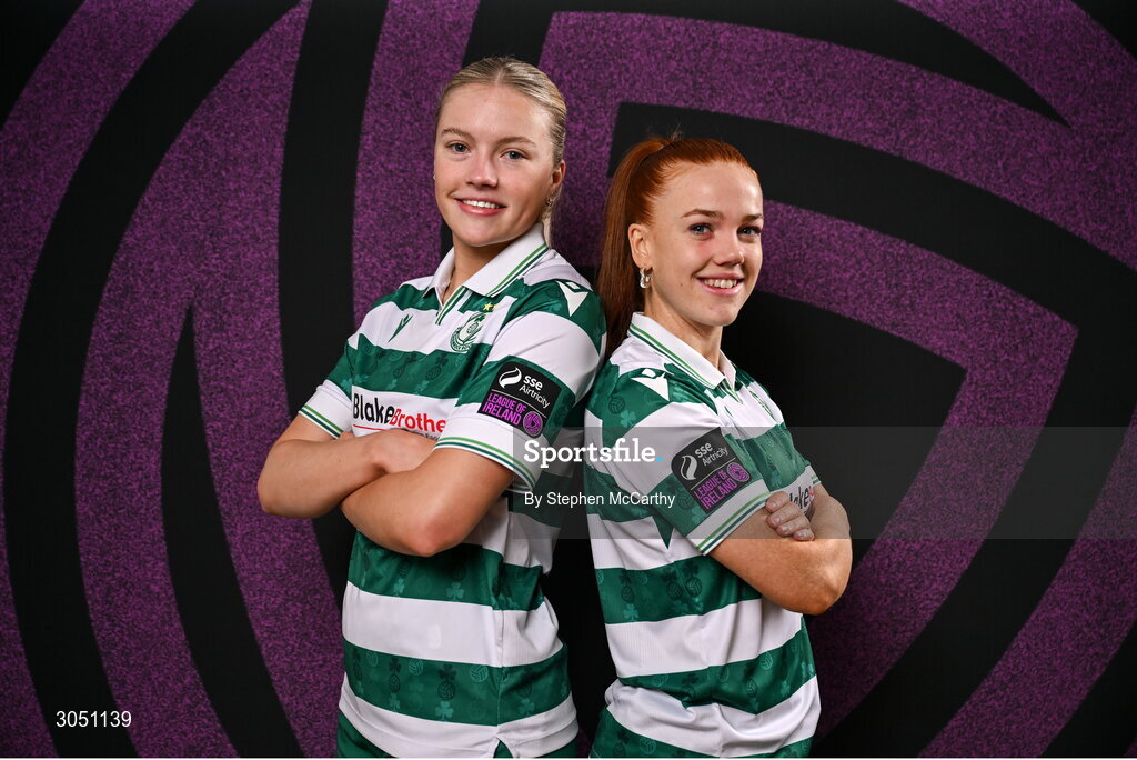 15 February 2025; Emily Corbet, left, and Fiona Owens during a Shamrock Rovers squad portraits session at Tallaght Stadium in Dublin. Photo by Stephen McCarthy/Sportsfile