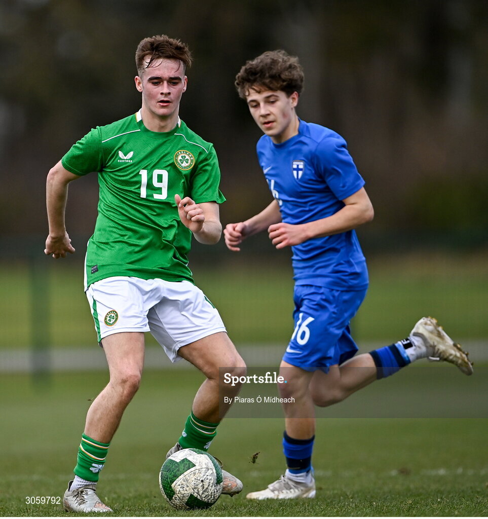 28 February 2025; Curtis Egan of Republic of Ireland in action against Tarmo Kuusniemi of Finland during the U16 Boys International Friendly match between Repubic of Ireland and Finland at the FAI National Training Centre in Abbotstown, Dublin. Photo by Piaras Ó Mídheach/Sportsfile
