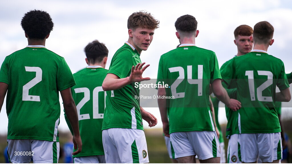 28 February 2025; Tom McGrath of Republic of Ireland, centre, celebrates after scoring his side's second goal during the U16 Boys International Friendly match between Repubic of Ireland and Finland at the FAI National Training Centre in Abbotstown, Dublin. Photo by Piaras Ó Mídheach/Sportsfile