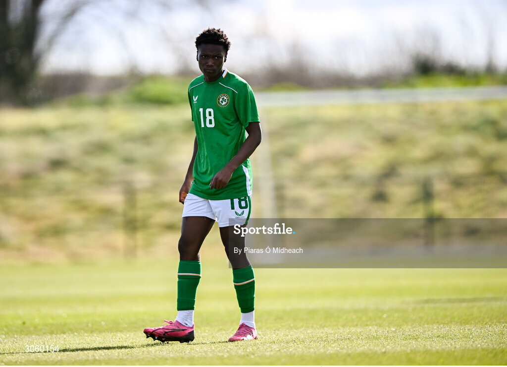 28 February 2025; Noble Tetteh of Republic of Ireland during the U16 Boys International Friendly match between Repubic of Ireland and Finland at the FAI National Training Centre in Abbotstown, Dublin. Photo by Piaras Ó Mídheach/Sportsfile