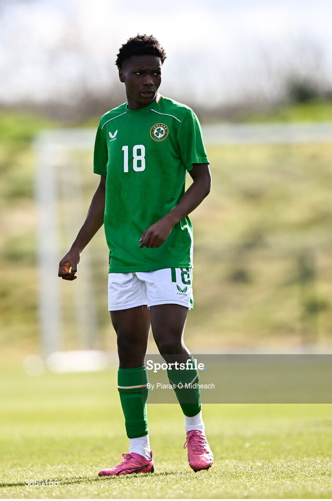 28 February 2025; Noble Tetteh of Republic of Ireland during the U16 Boys International Friendly match between Repubic of Ireland and Finland at the FAI National Training Centre in Abbotstown, Dublin. Photo by Piaras Ó Mídheach/Sportsfile