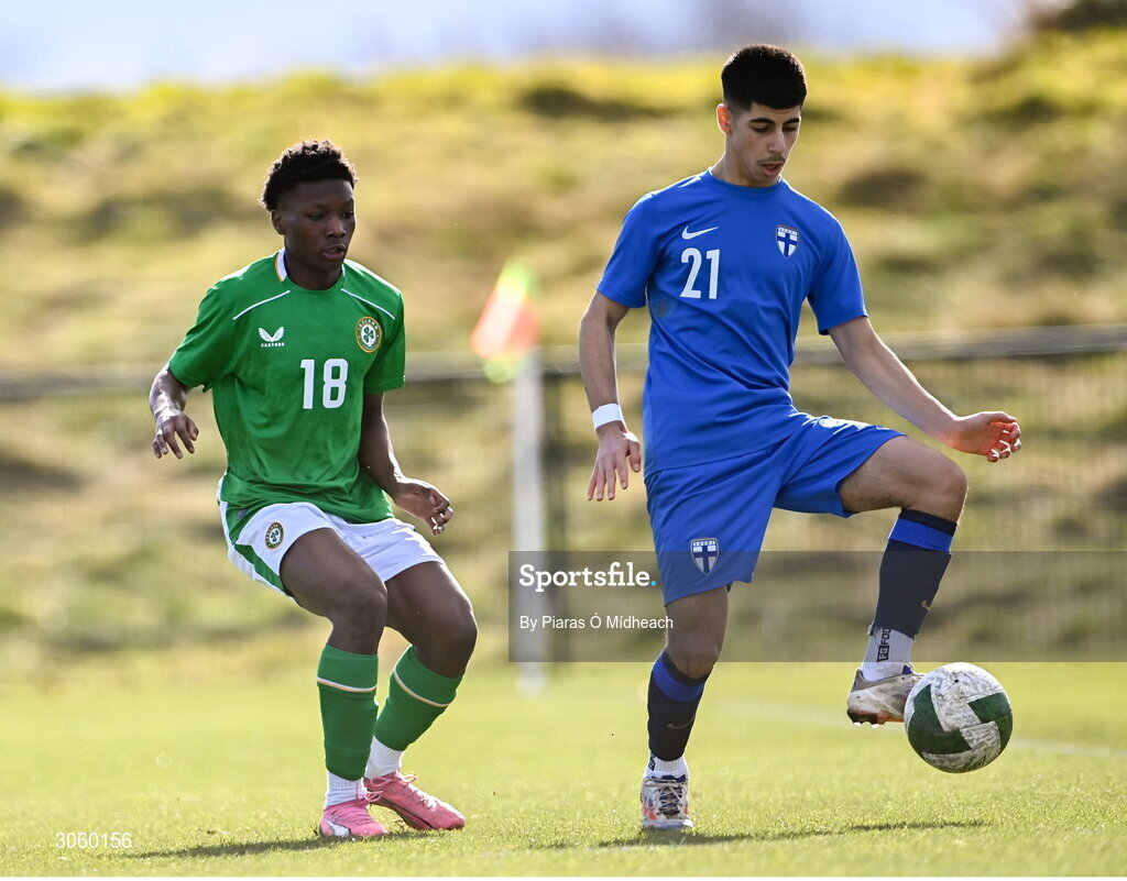 28 February 2025; Mustafa Mahmood of Finland in action against Noble Tetteh of Republic of Ireland during the U16 Boys International Friendly match between Repubic of Ireland and Finland at the FAI National Training Centre in Abbotstown, Dublin. Photo by Piaras Ó Mídheach/Sportsfile