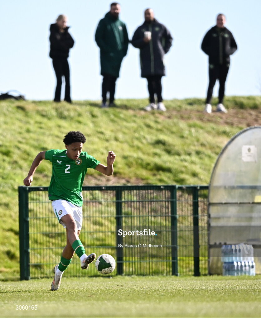 28 February 2025; Aidan Gabbidon of Republic of Ireland during the U16 Boys International Friendly match between Repubic of Ireland and Finland at the FAI National Training Centre in Abbotstown, Dublin. Photo by Piaras Ó Mídheach/Sportsfile