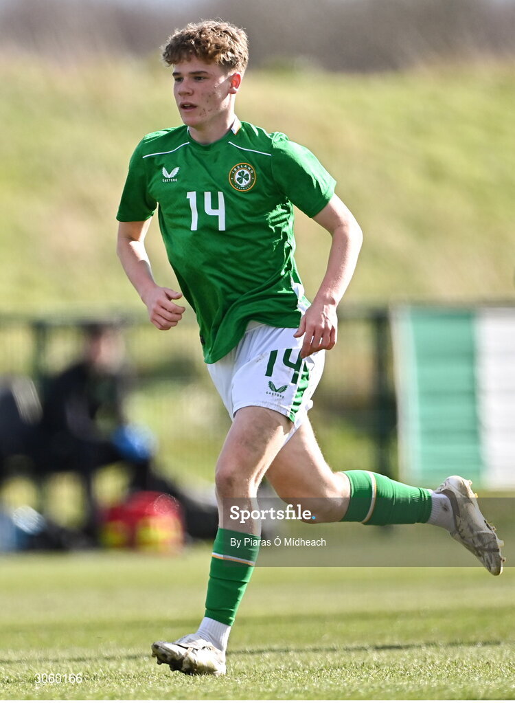 28 February 2025; Tom McGrath of Republic of Ireland during the U16 Boys International Friendly match between Repubic of Ireland and Finland at the FAI National Training Centre in Abbotstown, Dublin. Photo by Piaras Ó Mídheach/Sportsfile