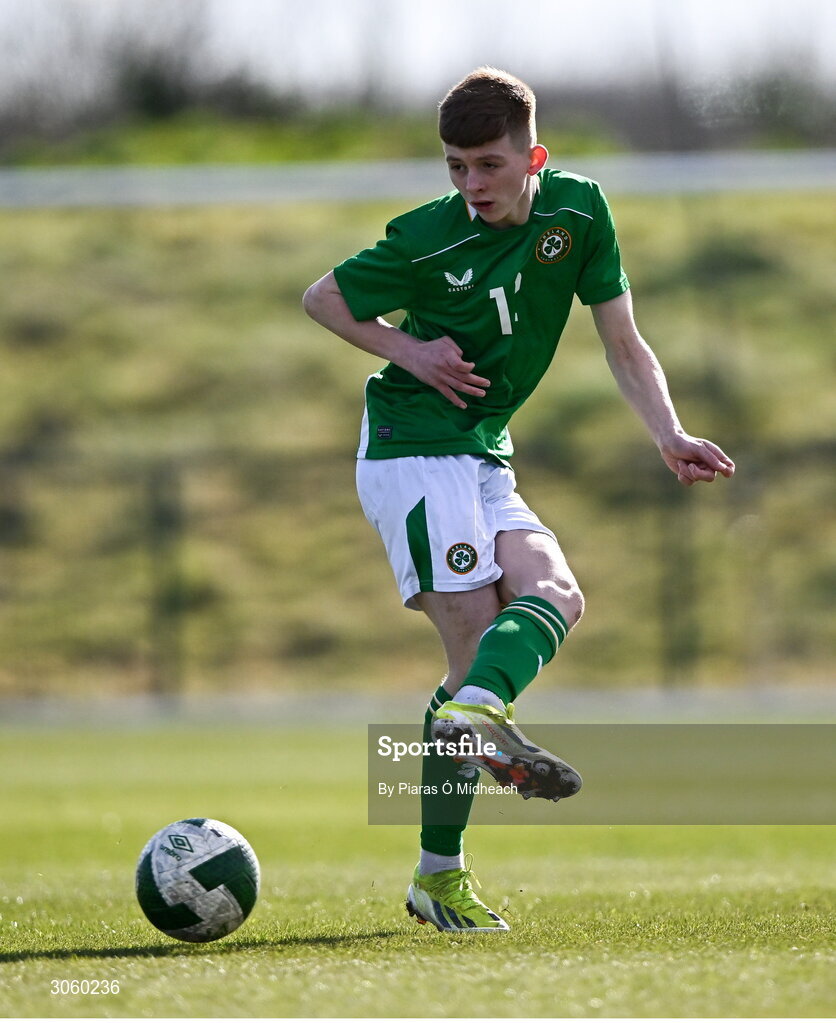 28 February 2025; Danny Burke of Republic of Ireland during the U16 Boys International Friendly match between Repubic of Ireland and Finland at the FAI National Training Centre in Abbotstown, Dublin. Photo by Piaras Ó Mídheach/Sportsfile