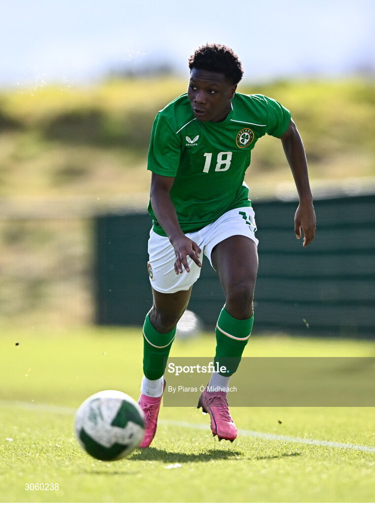 28 February 2025; Noble Tetteh of Republic of Ireland during the U16 Boys International Friendly match between Repubic of Ireland and Finland at the FAI National Training Centre in Abbotstown, Dublin. Photo by Piaras Ó Mídheach/Sportsfile
