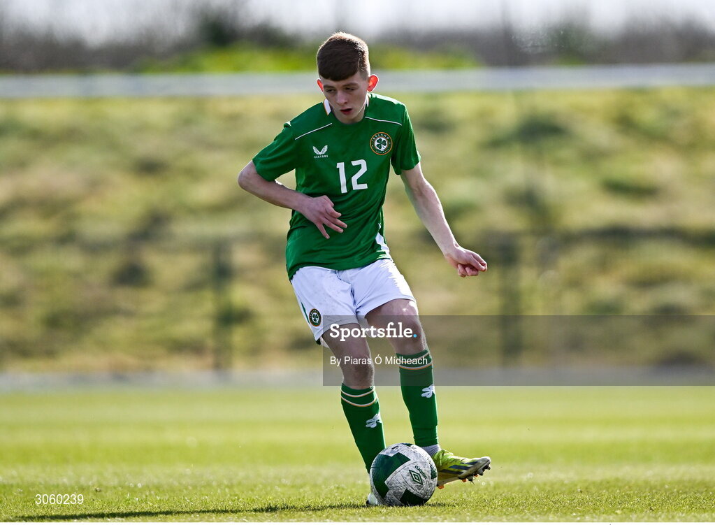 28 February 2025; Danny Burke of Republic of Ireland during the U16 Boys International Friendly match between Repubic of Ireland and Finland at the FAI National Training Centre in Abbotstown, Dublin. Photo by Piaras Ó Mídheach/Sportsfile