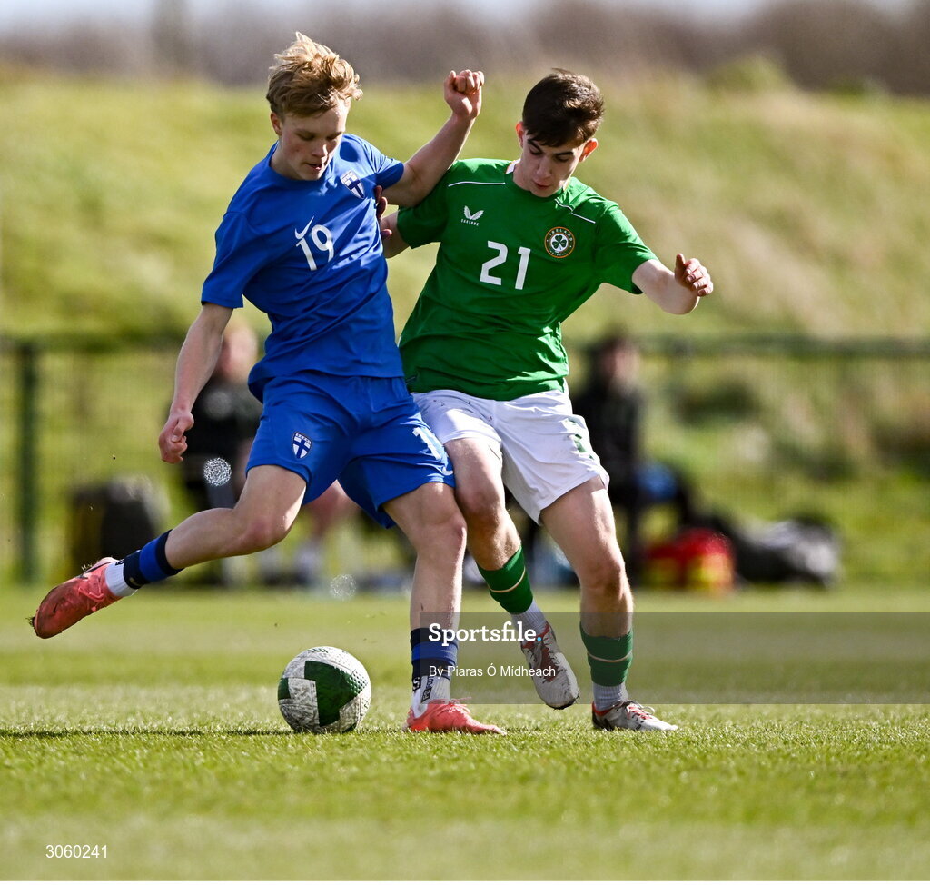 28 February 2025; Rasmus Mendolin of Finland in action against Kian Quigley of Republic of Ireland during the U16 Boys International Friendly match between Repubic of Ireland and Finland at the FAI National Training Centre in Abbotstown, Dublin. Photo by Piaras Ó Mídheach/Sportsfile