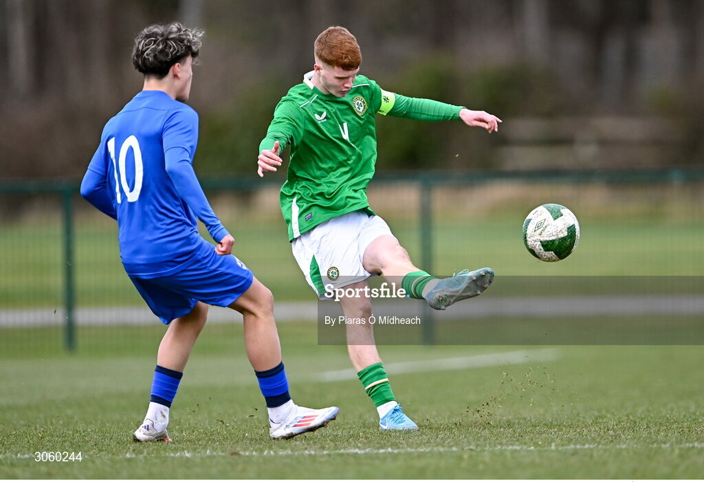 28 February 2025; Sean Spaight of Republic of Ireland in action against Aaron Korkala of Finland during the U16 Boys International Friendly match between Repubic of Ireland and Finland at the FAI National Training Centre in Abbotstown, Dublin. Photo by Piaras Ó Mídheach/Sportsfile