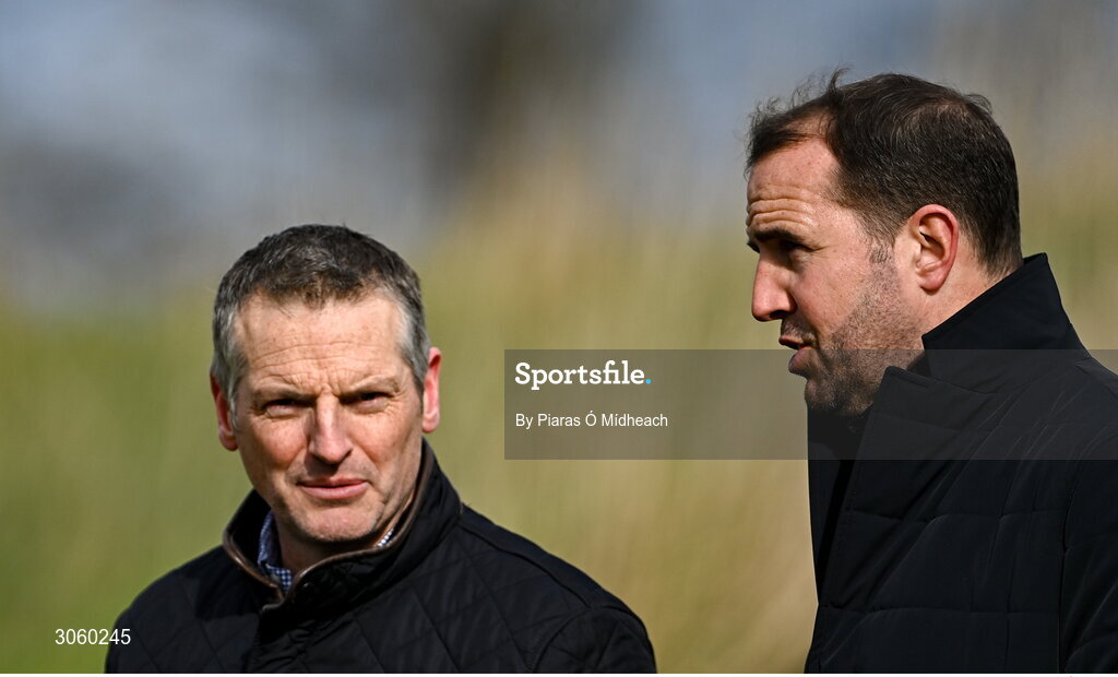 28 February 2025; Republic of Ireland MNT assistant head coach John O'Shea and Republic of Ireland U21's manager Jim Crawford, left, in attendance during the U16 Boys International Friendly match between Repubic of Ireland and Finland at the FAI National Training Centre in Abbotstown, Dublin. Photo by Piaras Ó Mídheach/Sportsfile