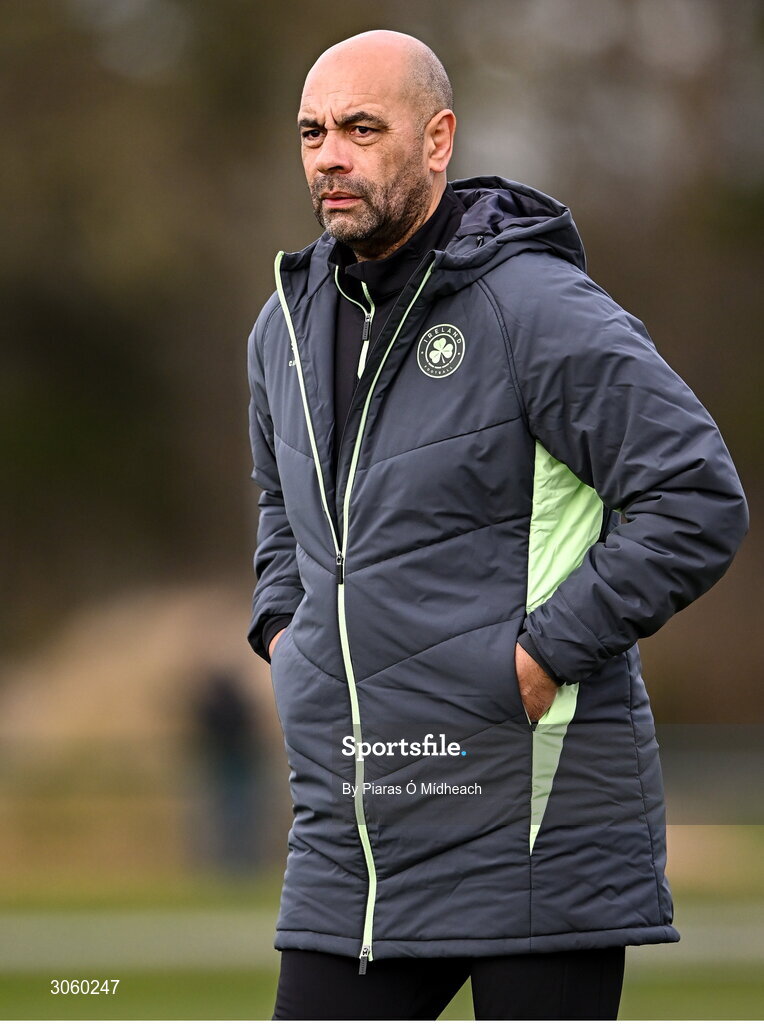 28 February 2025; Republic of Ireland head coach Paul Osam during the U16 Boys International Friendly match between Repubic of Ireland and Finland at the FAI National Training Centre in Abbotstown, Dublin. Photo by Piaras Ó Mídheach/Sportsfile