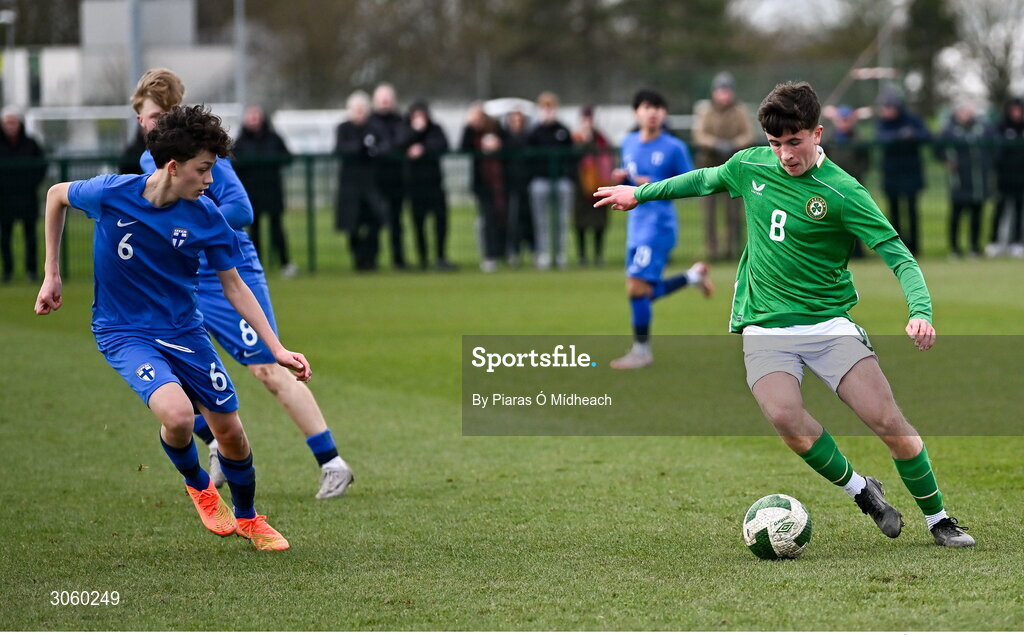 28 February 2025; Niall Sullivan of Republic of Ireland in action against Chris Malinen of Finland during the U16 Boys International Friendly match between Repubic of Ireland and Finland at the FAI National Training Centre in Abbotstown, Dublin. Photo by Piaras Ó Mídheach/Sportsfile