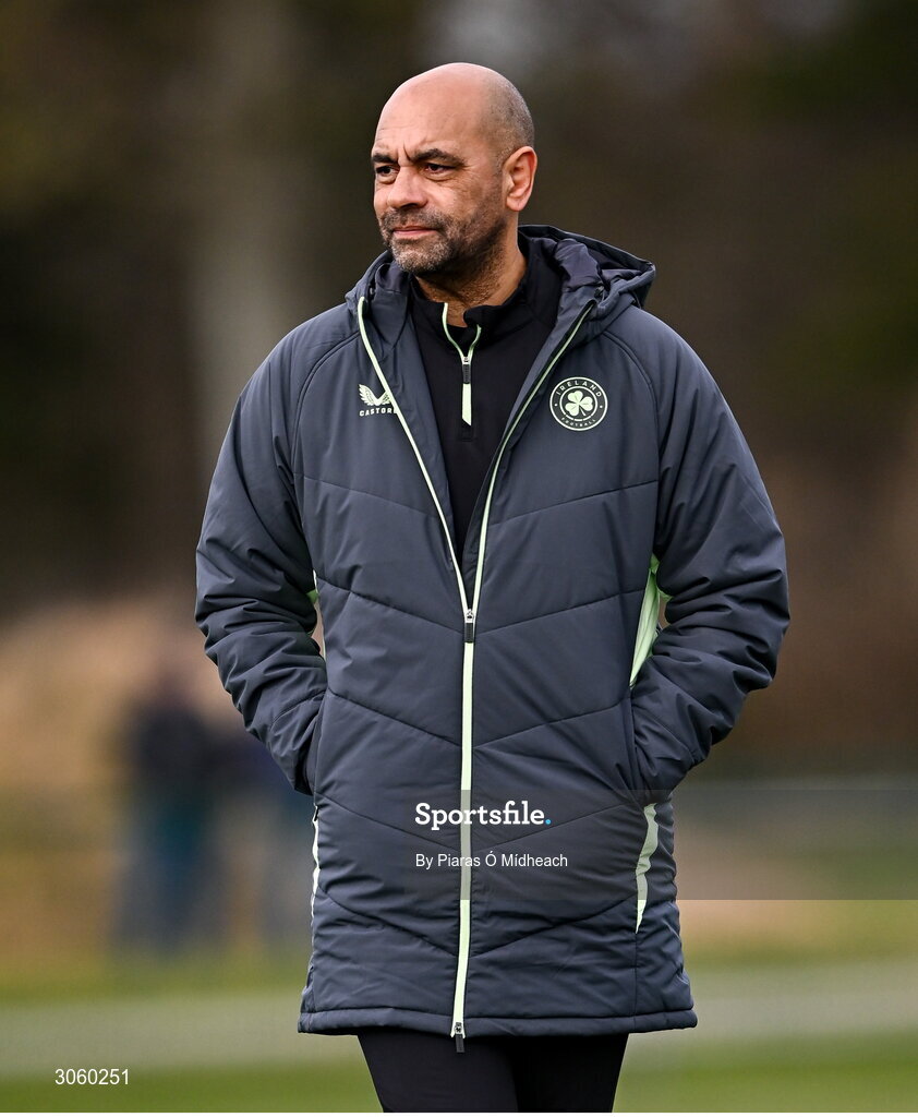 28 February 2025; Republic of Ireland head coach Paul Osam during the U16 Boys International Friendly match between Repubic of Ireland and Finland at the FAI National Training Centre in Abbotstown, Dublin. Photo by Piaras Ó Mídheach/Sportsfile