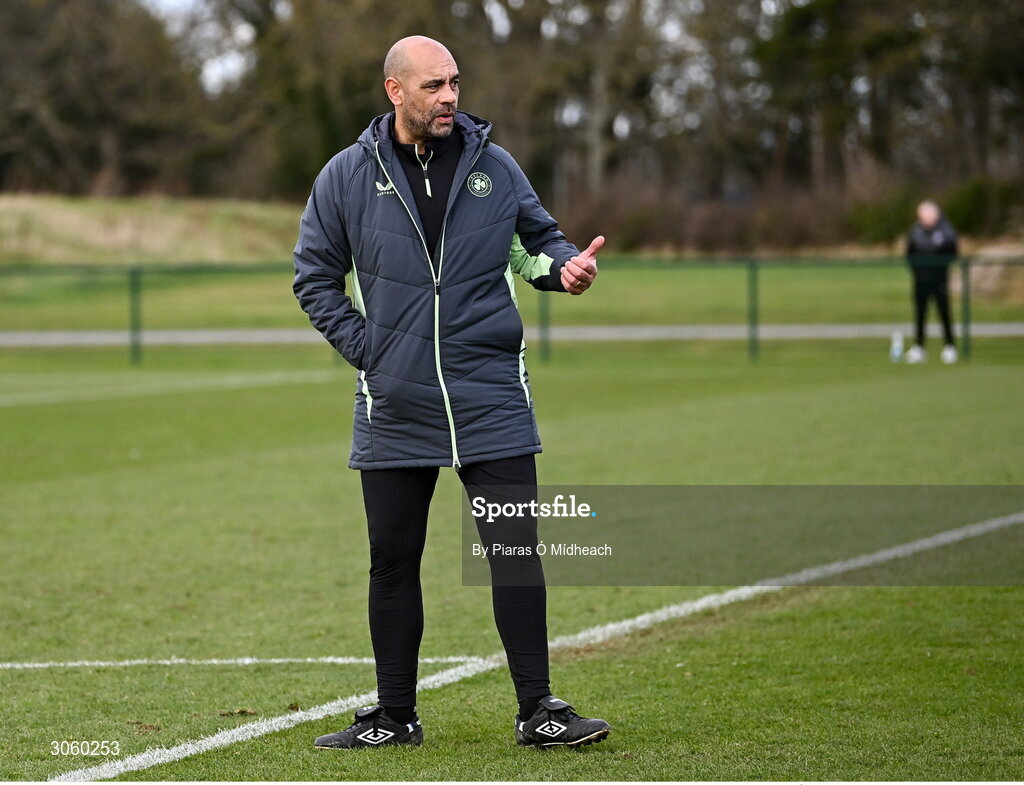 28 February 2025; Republic of Ireland head coach Paul Osam during the U16 Boys International Friendly match between Repubic of Ireland and Finland at the FAI National Training Centre in Abbotstown, Dublin. Photo by Piaras Ó Mídheach/Sportsfile