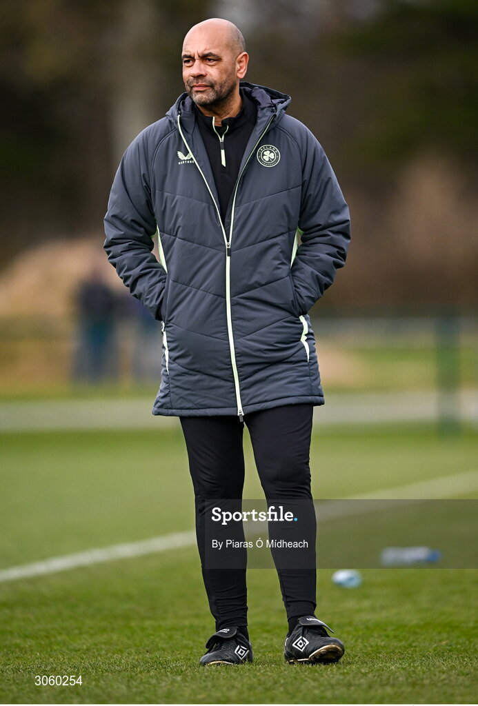 28 February 2025; Republic of Ireland head coach Paul Osam during the U16 Boys International Friendly match between Repubic of Ireland and Finland at the FAI National Training Centre in Abbotstown, Dublin. Photo by Piaras Ó Mídheach/Sportsfile